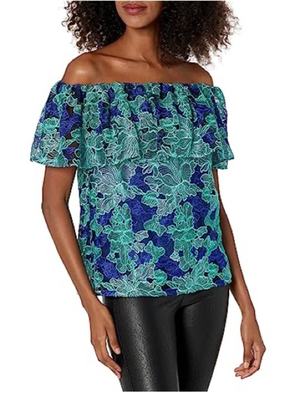 Trina Turk Off-Shoulder Floral Ruffle Blouse in Blue and Green
